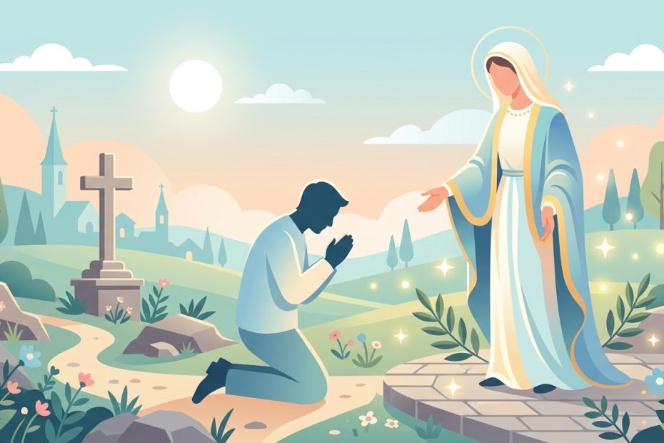 Souvenez-vous (Memorare) - une silhouette implorante agenouillée devant la Vierge qui tend la main